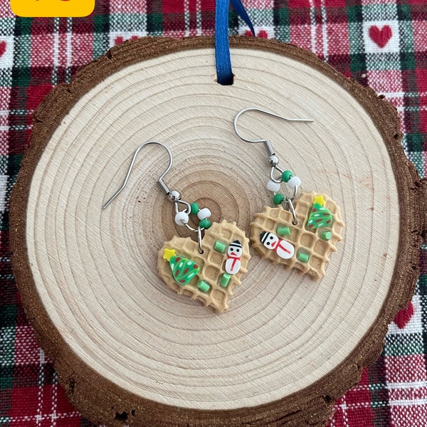 Boucles d'oreilles de Noël gaufres coeur faites main en fimo fait main