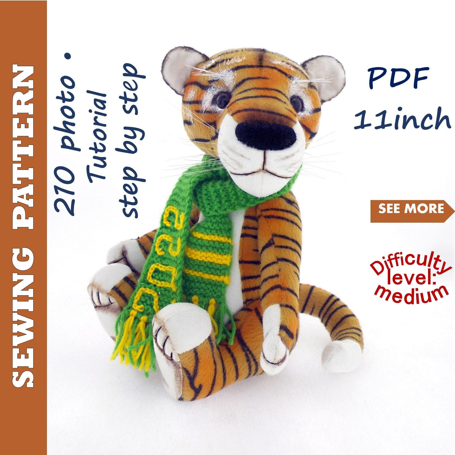 Tiger Sewing PATTERN & Tutorial Pdftiger Stuffed Animal Etsy