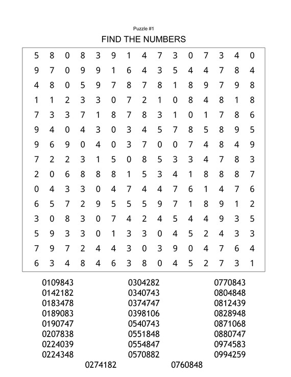60 Brand New Printable Number Search Puzzles Etsy