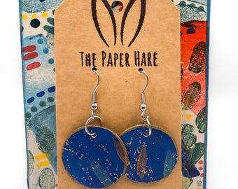 Blue and gold circle dangle earrings