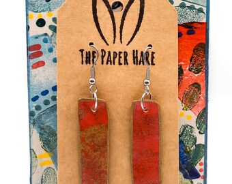 Red and gold print dangle earrings