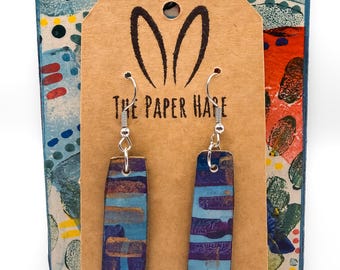 Blue and purple print dangle earrings