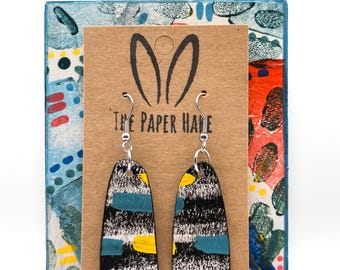 Blue and black print dangle earrings