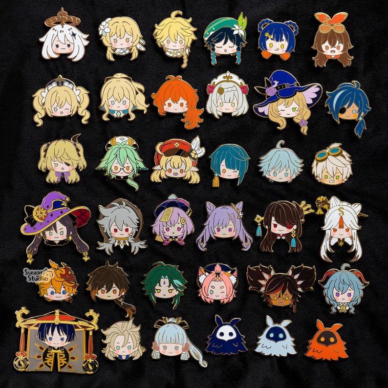 May include: A collection of 36 colorful enamel pins featuring various characters from the popular video game Genshin Impact. The pins are all approximately 1 inch in diameter and feature a variety of designs, including characters, weapons, and symbols from the game.