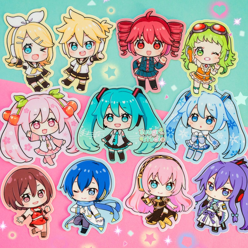 K&ouml;nnte beinhalten: Ein Set mit 10 bunten Anime-Charakter-Stickern mit verschiedenen Charakteren mit unterschiedlichen Frisuren und Outfits. Die Sticker befinden sich auf einem rosa Hintergrund mit wei&szlig;en Sternen und Herzen.