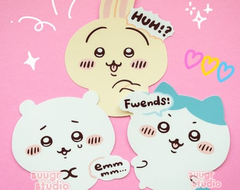 May include: Three cartoon animal stickers with speech bubbles. A yellow bunny with pink cheeks says "Huh!?" A white polar bear with pink cheeks says "Emm mm..." and a white cat with blue ears and pink cheeks says "Fwends!" All three stickers have the text "suugr studio" on them.