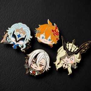 May include: Four enamel pins featuring anime characters. The pins are gold-toned and feature a variety of colors, including blue, white, black, red, orange, and yellow. The characters are depicted in a chibi style, with large heads and small bodies. The pins are perfect for adding a touch of anime style to your belongings.