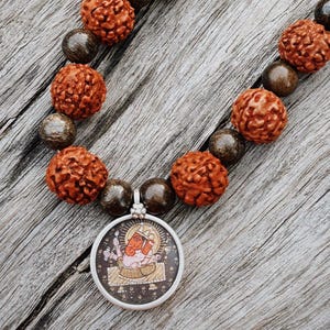 Handmade jasper rudraksha necklace with hand painted Ganesha medallion // gift for her // meditation gift USA