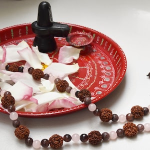 Long pink quartz rudraksha mala