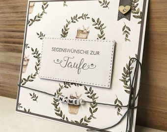 Karte zur Taufe mit Personalisierung, handgemacht, hell graues Band! Oder Wunschfarbe