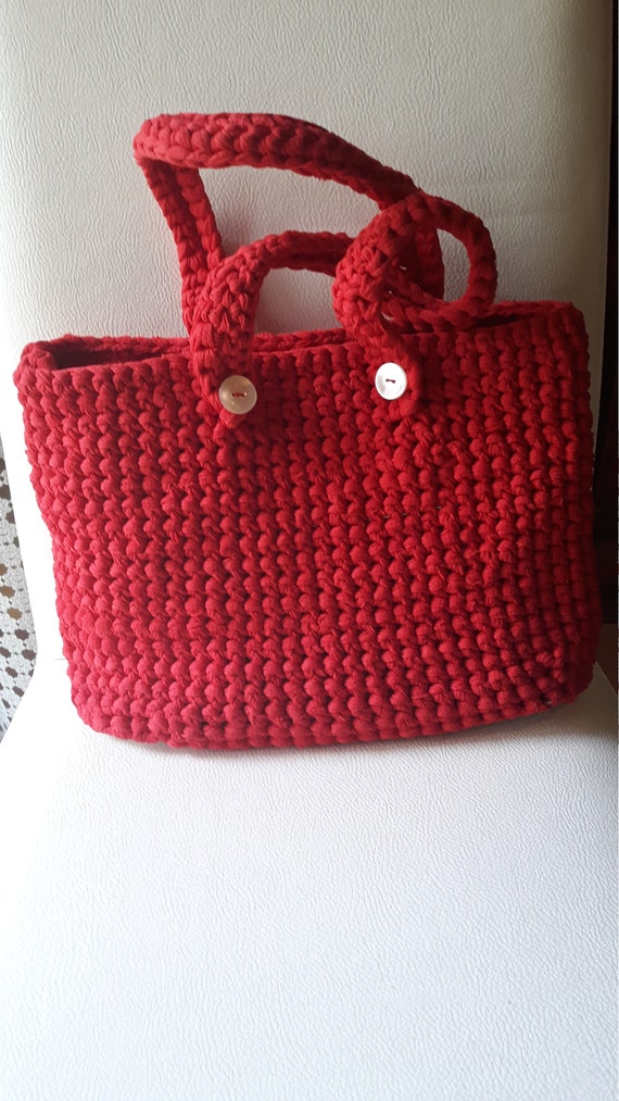 red crochet bag
