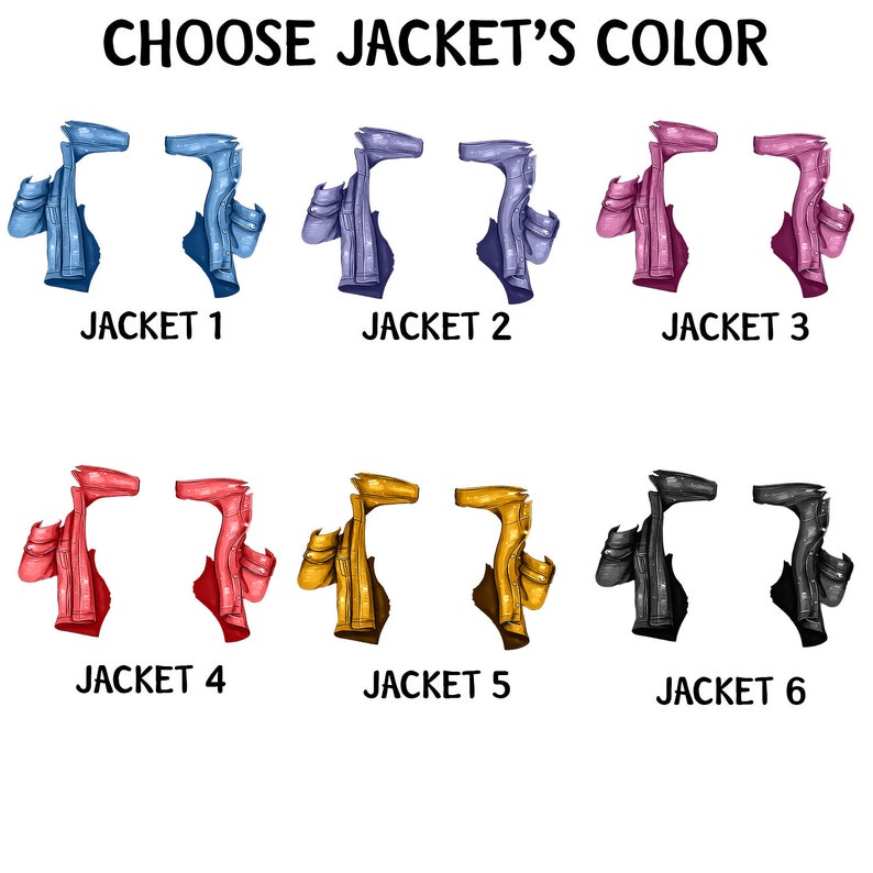 May include: Six different color options for a jacket. The jackets are shown in blue, purple, pink, red, yellow, and black.