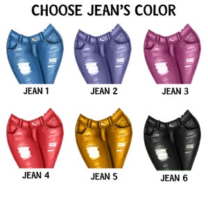 May include: Six different colored pairs of jeans with distressed details. The jeans are arranged in two rows of three. The colors are blue, purple, pink, red, yellow, and black.
