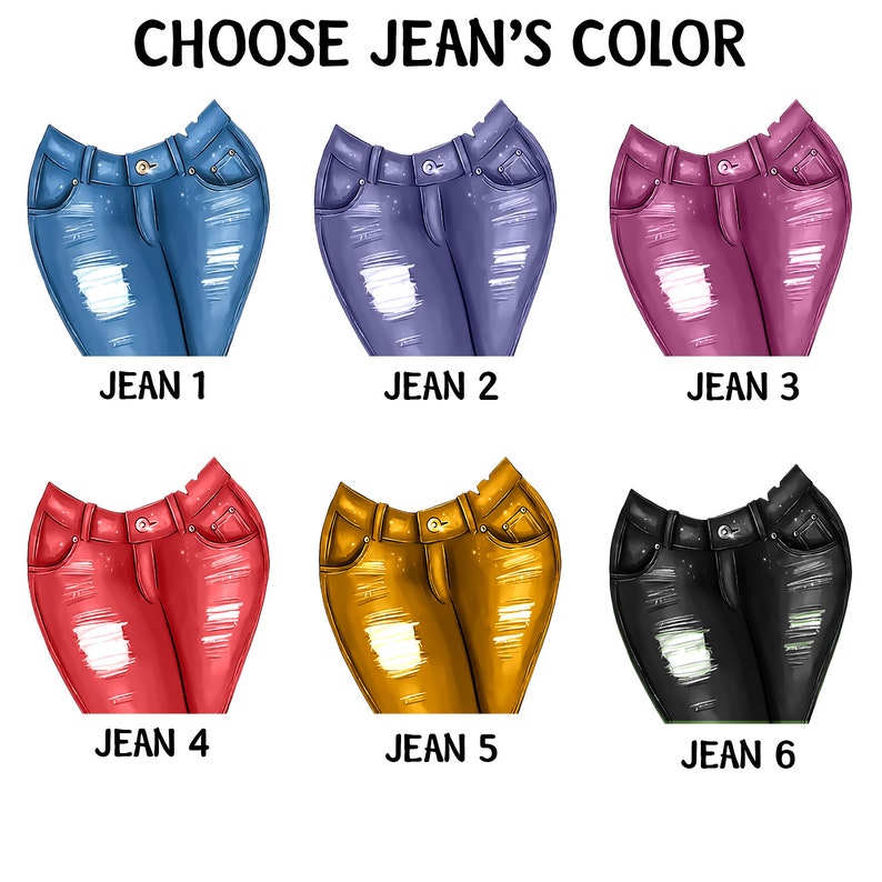May include: Six different colored pairs of jeans with distressed details. The jeans are arranged in two rows of three. The colors are blue, purple, pink, red, yellow, and black.