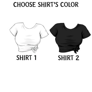 May include: Two images of a white and black t-shirt with a knotted front. The text "SHIRT 1" is below the white shirt and "SHIRT 2" is below the black shirt.