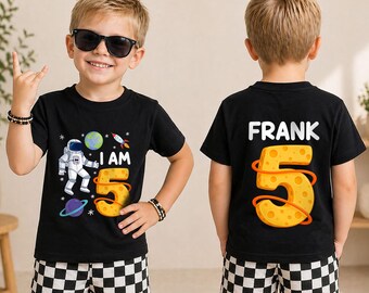 Custom Name Space Explorer 5th Birthday Shirt, Personalized Astronaut Tee, Birthday Boy Outfit, Rocket Ship Birthday Celebration