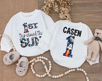 Custom 1st Trip Around The Sun First Birthday Outfit Boy, Personalized Space One 1st Birthday Boy Bubble Romper