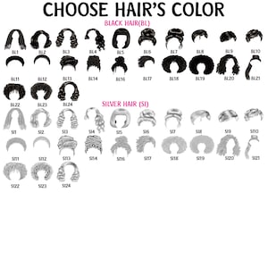 May include: A chart with 24 different hairstyles to choose from. The hairstyles are divided into two categories: black hair and silver hair. Each hairstyle is labeled with a letter and number.