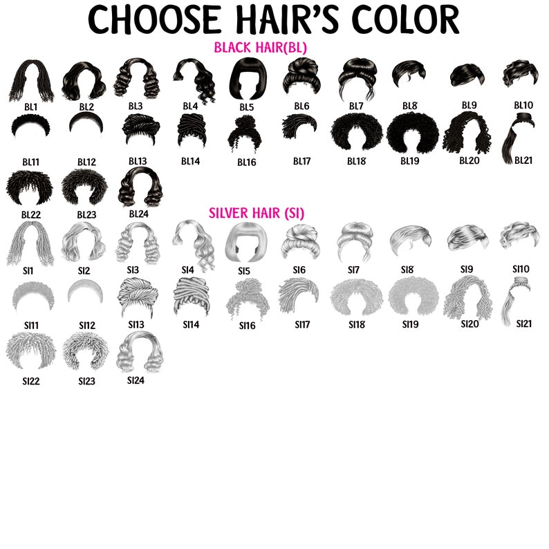 May include: A chart with 24 different hairstyles to choose from. The hairstyles are divided into two categories: black hair and silver hair. Each hairstyle is labeled with a letter and number.