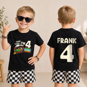 All Aboard I'm Four 4th Birthday Shirt, Personalized Train Birthday Tee, Custom Name Birthday Boy Outfit, Train Theme Celebration