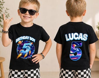 Space Adventure 5th Birthday Shirt for Boys, Personalized Rocket Birthday Tee, Custom Name Astronaut Outfit, Galaxy Party Gift