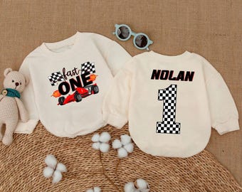 Personalized Race Car Outfit For 1 Year Old, Custom Fast One First Birthday Outfit Boy, 1st Birthday Bubble Romper, 1 Year Photoshoot Cake