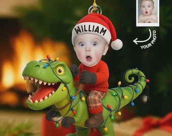 Custom Face baby Orrnament - Cute Christmas Dinosaur - Personalized Kid Photo Ornament