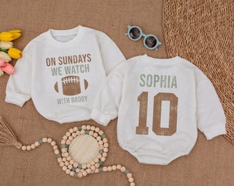 Personalized Baby Football Outfit, On Sundays We Watch Football With Daddy Romper, Baby Girl Football Outfit, Baby Boy Football Outfit