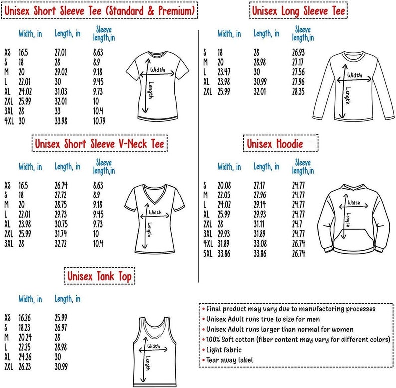 May include: Chart showing unisex clothing sizes and measurements in inches for short sleeve tee, long sleeve tee, v-neck tee, hoodie, and tank top.  The chart includes width, length, and sleeve length measurements for each size.