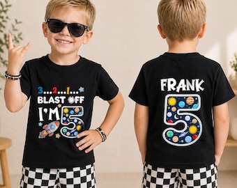 Space Explorer 5th Birthday Shirt for Boys, Personalized Rocket Ship Tee, Custom Name Birthday Boy Outfit, Outer Space Party Celebration