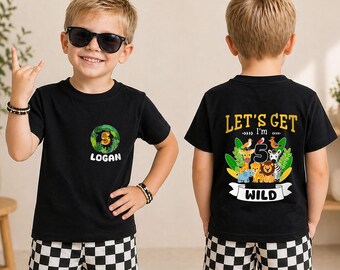Wild One Turns Five Safari Shirt, Personalized 5th Birthday Tee, Custom Name Birthday Boy Outfit, Safari Animal Party Gift