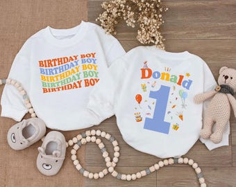 Personalized First Birthday Outfit Boy, 1 Year Photoshoot Cake Smash Outfit Boy, Custom 1st Birthday Baby Sweater Romper