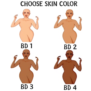 May include: Four illustrations of a woman with different skin tones. The woman is standing with her arms raised and her hands in a gesture of holding something. The illustrations are labeled "BD 1", "BD 2", "BD 3", and "BD 4".