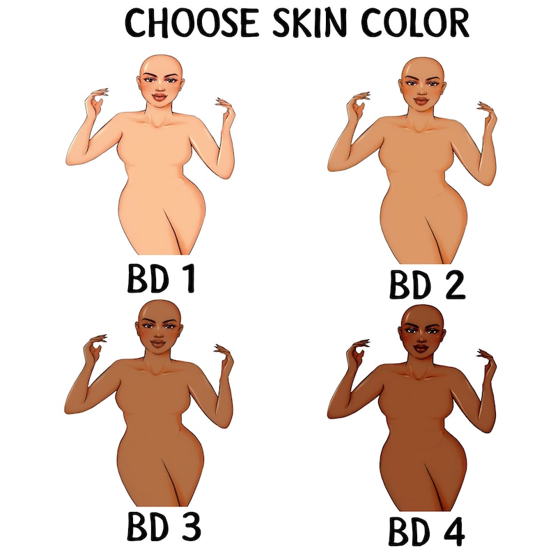 May include: Four illustrations of a woman with different skin tones. The woman is standing with her arms raised and her hands in a gesture of holding something. The illustrations are labeled "BD 1", "BD 2", "BD 3", and "BD 4".