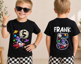 Blast Off I'm Five 5th Birthday Shirt, Personalized Astronaut Tee, Custom Name Space Explorer Birthday Boy Outfit, Rocket Party Gift