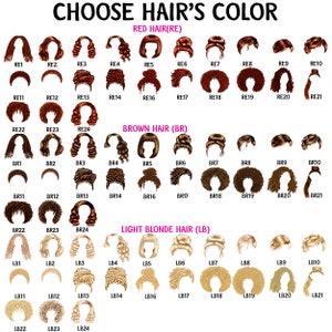 May include: A chart with 24 different hairstyles to choose from for a custom illustration. The hairstyles are categorized by hair color: red, brown, and light blonde. Each hairstyle is labeled with a letter and number.