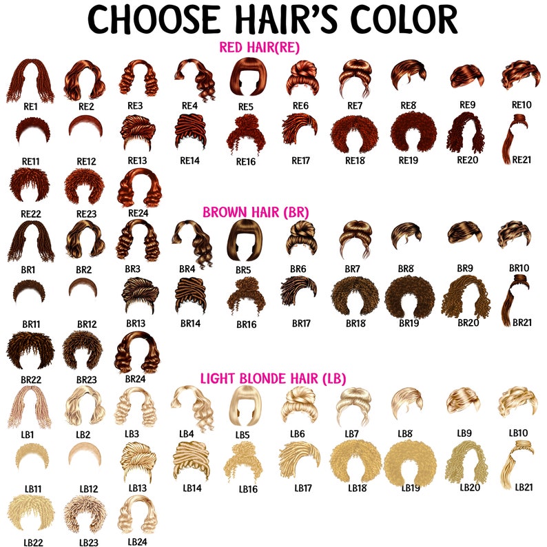 May include: A chart with 24 different hairstyles to choose from for a custom illustration. The hairstyles are categorized by hair color: red, brown, and light blonde. Each hairstyle is labeled with a letter and number.