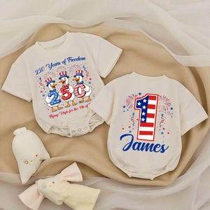Custom Name Baby Boy Patriotic Romper, 250 Years of Freedom First Birthday Outfit, Personalized American Theme Cake Smash Bodysuit