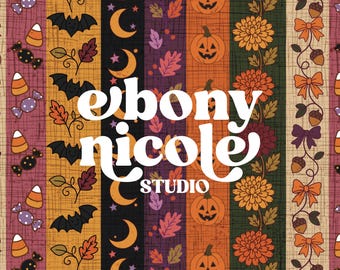 Patrón sin costuras de rayas coloridas de Halloween, papel digital con estampado floral de calabaza, murciélago y caramelo de maíz, diseño de tela otoñal, repetición dibujada a mano
