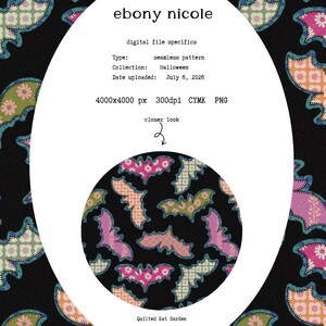Puede incluir: Un archivo de patr&oacute;n digital sin costuras titulado ebony nicole con un fondo negro y formas de murci&eacute;lago repetitivas. Los murci&eacute;lagos tienen varios patrones florales y de cuadros en rosa, verde y naranja. El texto incluye especificaciones de archivo.