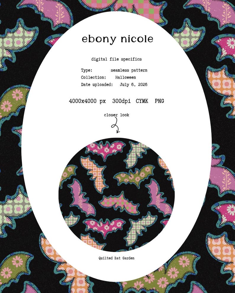 Puede incluir: Un archivo de patr&oacute;n digital sin costuras titulado ebony nicole con un fondo negro y formas de murci&eacute;lago repetitivas. Los murci&eacute;lagos tienen varios patrones florales y de cuadros en rosa, verde y naranja. El texto incluye especificaciones de archivo.