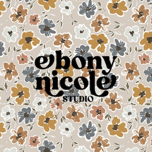 May include: A repeating floral pattern on a light beige background featuring stylized flowers in shades of mustard yellow, slate blue, and white with thin dark stems. The black text "ebony nicole STUDIO" is centered over the pattern.