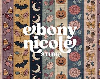 Patrón sin costuras de rayas vintage de Halloween, papel digital con estampado floral de calabaza, murciélago y maíz dulce, diseño de tela boho otoñal, repetición dibujada a mano