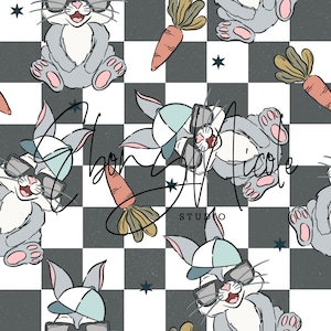 May include: A seamless pattern featuring a cartoon bunny wearing sunglasses and a baseball cap. The bunny is holding a carrot and is set against a black and white checkered background with stars.