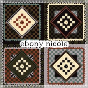 Könnte beinhalten: Ein quadratisches Textildesign mit vier verschiedenen Feldern, die Karomuster, rautenförmige Zentren und florale Motive in Creme-, Braun-, Schwarz- und gedämpften Grüntönen aufweisen. Der Text "ebony nicole" ist mittig im Bild platziert.