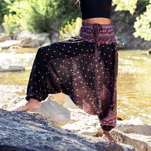 PANASIAM Aladdin Pants Peacock – Unisex Harem Pants, Boho Viscose Pants, Baggy Trousers, Yoga & Festival Style, Lightweight Goa Fashion