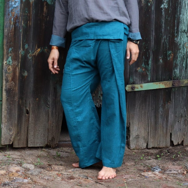 PANASIAM Pantalon de pêche thaïlandais en chanvre | Pantalon portefeuille pantalon de massage pantalon thaïlandais | Style hippie Boho unisexe | Yoga de méditation Thaï Chi | Un pantalon ample