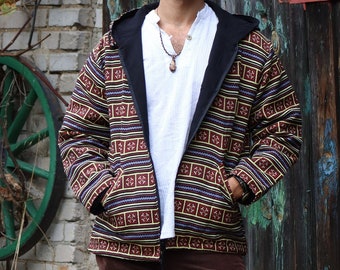 PANASIAM Boho-Jacke mit Ethno-Muster und Kapuze | 100% Baumwolle | handgefertigt | Weich | Unisex Hippie-Jacke im Goa-Stil | 2 Außentaschen