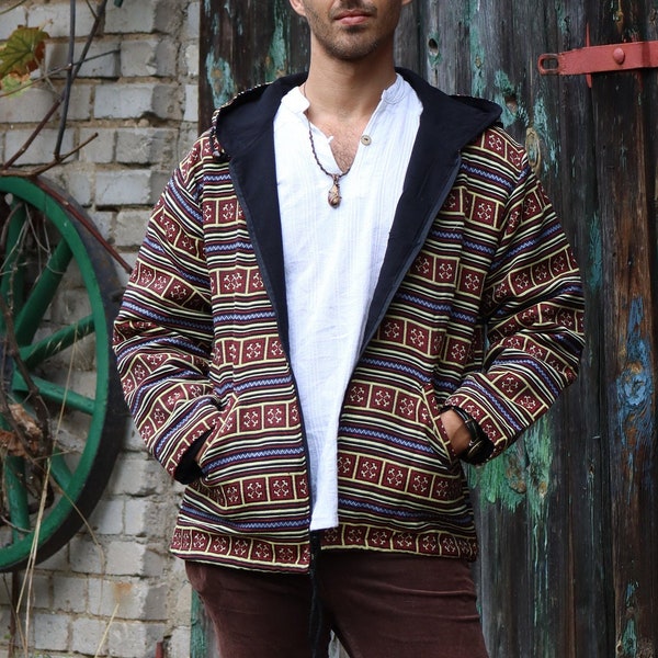 PANASIAM Boho-Jacke mit Ethno-Muster und Kapuze | 100% Baumwolle | handgefertigt | Weich | Unisex Hippie-Jacke im Goa-Stil | 2 Außentaschen