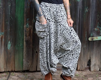 PANASIAM Geometrix Black Aladdin Pants - 100% Cotton Handcrafted Unisex Design Harem Pants with Pocket Boho Festival Pants Lounge Pants